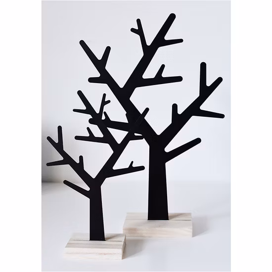 Suporte de árvore de metal preto com base de madeira para decoração de casa